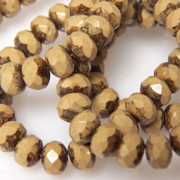 Czech 4x6mm Opaque Latte with Picasso Faceted Fire Polished Glass Rondelle Beads (25)