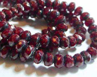 Czech Dark Garnet with Picasso Faceted Fire Polished Glass Rondelle Beads 3x5mm, 5x7mm, 6x8mm