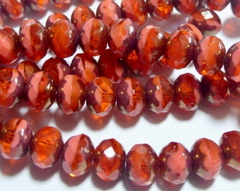 Czech 5x7mm or 6x8mm Coral with Picasso Faceted Fire Polished Glass Rondelle Beads (25)