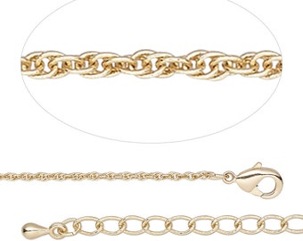 Chain, Gold-Finished Brass, 1.2mm Triple Rope, 18 inches with 2-inch Extender Chain and Lobster Claw Clasp.