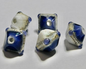 12mm Handmade Purple Blue and White Bicone Lampwork Glass Beads (1)