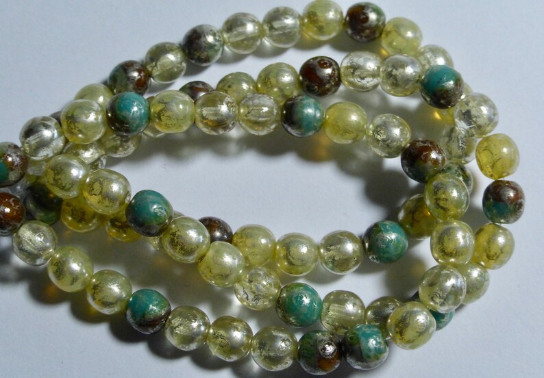 30 Ivory and Sea Green with Silver Picasso Round Pressed Glass Czech Beads  6mm 032-B