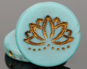 Czech 18mm Matte Aqua Blue Silk with Dark Bronze Wash Round Flat Glass Coin with Lotus Flower Beads (10)