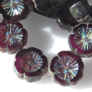 Czech 14mm Dark Violet Purple Picasso Flat Flower Glass Beads (10)