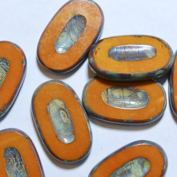 Czech 26x15mm Mustard & Picasso Carved Oval Flat Glass Beads (1)