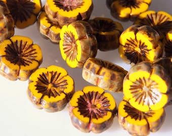 Czech 14mm Sunflower Yellow with Picasso Flat Flower Glass Beads (10)