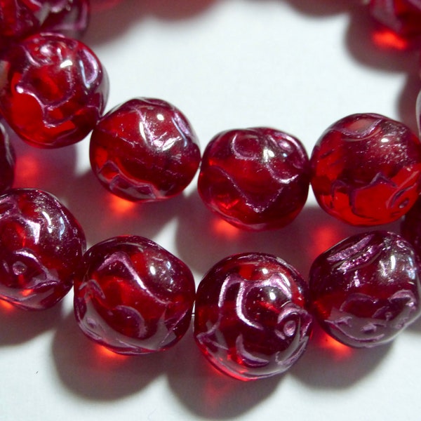 Czech 10mm Glass Round Carved Rose Beads - Ruby Red with Metallic Pink Wash (15)