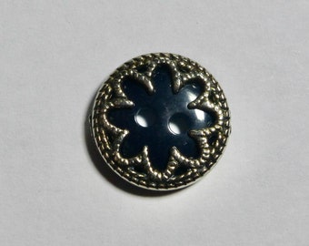 Vintage Opaque Black with Silver Metal Overlay Cut Out Floral Design Button  - 15mm (1)