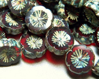 Czech 14mm Red Garnet & Picasso Hibiscus Flower Glass Beads (10)