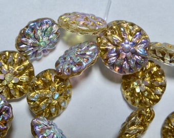 Czech 15mm Clear AB with Gold Wash Dahlia Flat Flower Glass Beads (10)