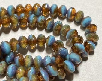 Czech 3x5mm Sky Blue & Amber Faceted Fire Polished Glass Rondelle Beads (30)