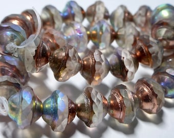 Czech 8x10mm Clear AB with Copper Finish Faceted Fire Polished Glass Saturn Beads (15)