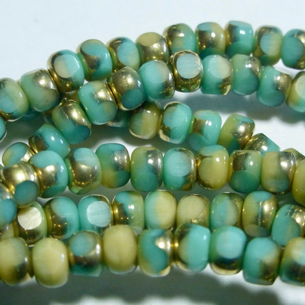 Czech 3x4mm Trica Turquoise & Cream with Gold Finish Tri-Cut 6/0 Fire Polished Glass Rondelle Beads (50)