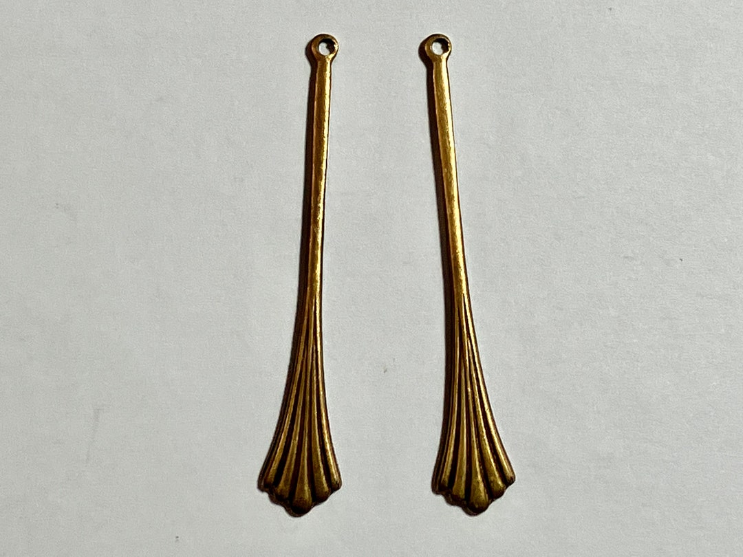 Long Vintage Antique Brass Art Deco Brass Ridged Stamped Earring