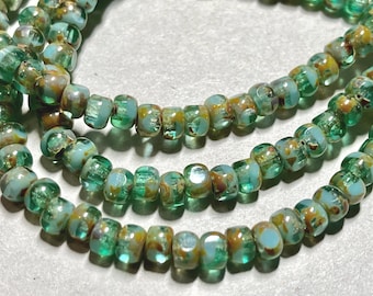 Czech Glass Tri-Cut Rondelle Beads: Green Turquoise Picasso Faceted 4x3mm (50 Beads)
