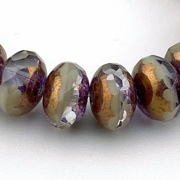 Czech 6x9mm Ivory and Purple with Bronze Finish Glass Rondelle Beads (25)