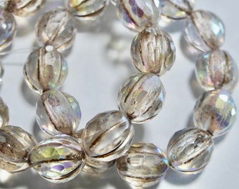 Czech 10mm Clear AB with Metallic Beige Finish Fluted Glass Melon Beads (12)