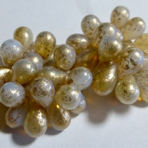 Czech 9x6mm White with Gold Finish Glass Teardrop Beads (24)