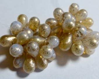 Czech 9x6mm White with Gold Finish Glass Teardrop Beads (24)