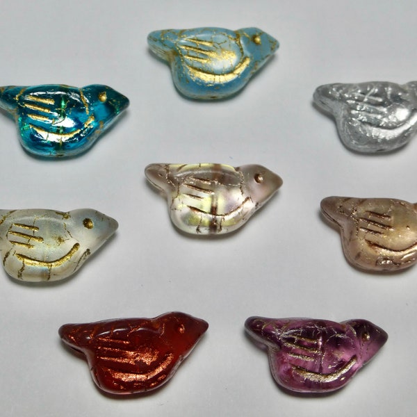 Czech Bird Glass Beads Available in Assorted Colors:  Blue, Green, Pink, Purple, Clear  11x22mm  (2)