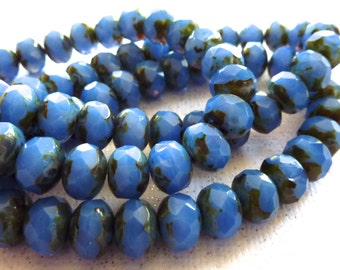 Czech 6x8mm Cornflower Blue Opal Picasso Faceted Fire Polished Glass Rondelle Beads (25)
