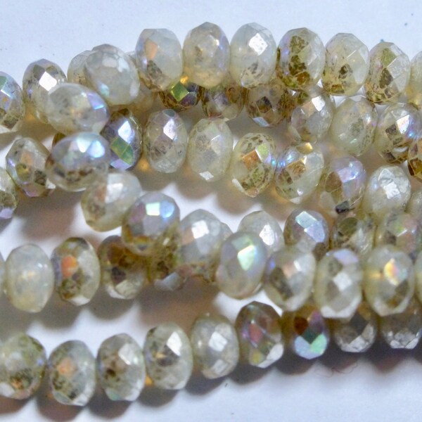 Czech 3x5mm Ivory "Mercury Glass" Faceted Fire Polished Glass Rondelle Beads (30)