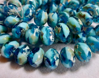 Czech 6x8mm Capri & Turquoise with Picasso Faceted Fire Polished Glass Rondelle Beads (25)