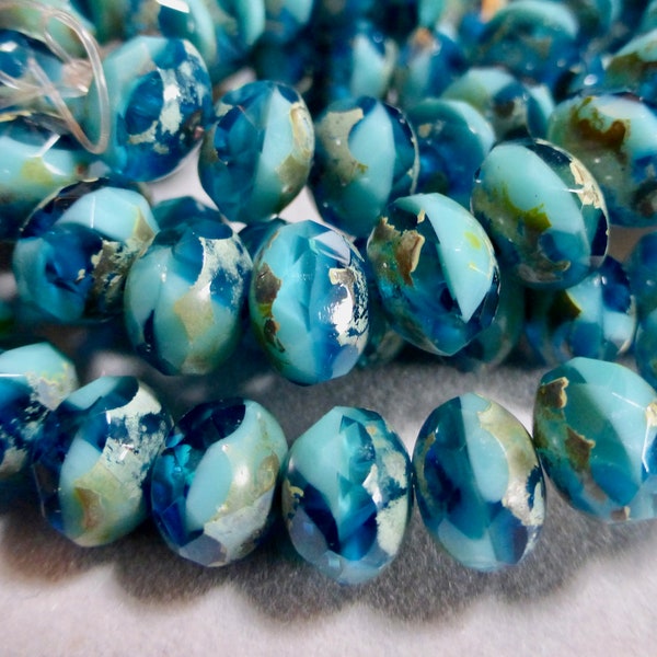 Czech 6x8mm Capri & Turquoise with Picasso Faceted Fire Polished Glass Rondelle Beads (25)