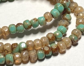Czech Glass Tri Cut Rondelle Beads: Turquoise Champagne Picasso Mix, 3x4mm (50 Beads)
