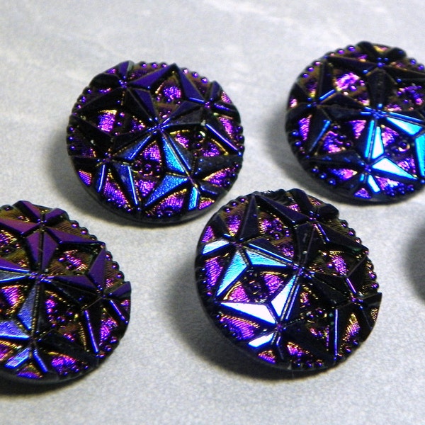 Vintage Czech Geometric Round Iridescent Deep Blue and Purple 22.5mm Glass Buttons (4)