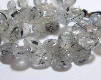 Strand of Black Tourmalinated Quartz Smooth Puffy Teardrop Gemstone Beads  12x10mm   (52)