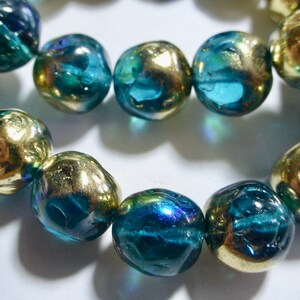 Czech Glass 10mm Round Carved Rose Beads - Turquoise with Gold Luster (15)