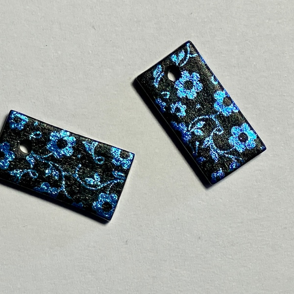 20x9mm Dichroic Glass Puffy Flat Rectangle Drop/Pendant - Black with Aqua Flowers (1)