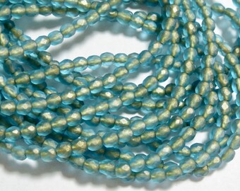Czech 4mm Pacific Blue with Etched Finish and Gold Wash Fire Polished Glass Round Beads (50)