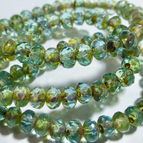 Czech 3x5mm Aqua Picasso Faceted Fire Polished Glass Rondelle Beads (30)