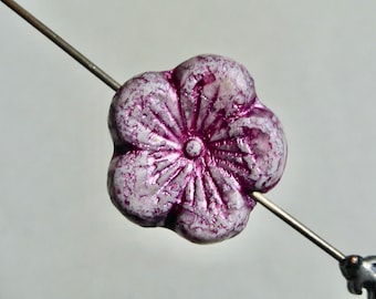 Czech White with Metallic Purple Finish Flat Hibiscus Flower Glass Beads  22mm