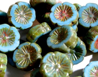 Czech 14mm Blue Turquoise & Picasso Flat Flower Glass Beads (10)