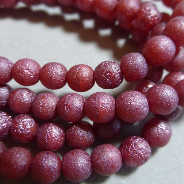Czech 6mm or 8mm Red with Golden Luster and Pink Wash Etched Round Glass Beads