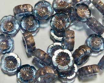 Czech 14mm Sapphire & Gold with Picasso Flat Flower Glass Beads (10)