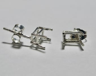 Sterling Silver Sure-Set Earstud with 4 Prong Emerald Cut Basket Setting  - Fits 6x4mm, 5x7mm, 8x6mm Gemstone, Jewel (1 pair)