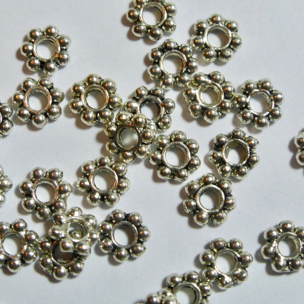 Vintage Antique Silver Metal Rondelle Daisy Spacer Beads 6x1.5mm (24)