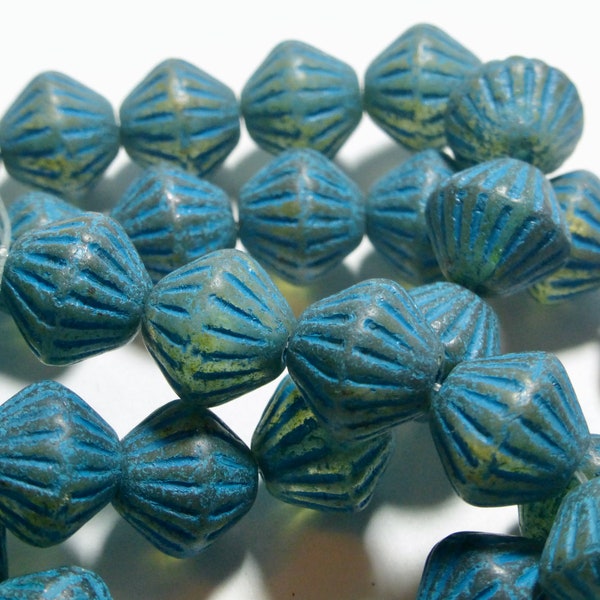 Czech 10x11mm Etched Clear with Picasso and Turquoise Wash Corrugated Bi-Cone Beads (15)
