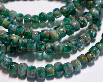 Czech 4x3mm Tri-Cut Green and Turquoise with Picasso Faceted Fire Polished Glass Rondelle Beads (50)