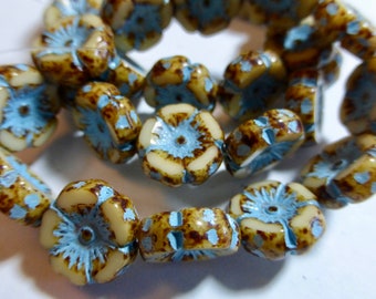 Czech 12mm Beige Turquoise Picasso Flat Flower Glass Beads  (12)