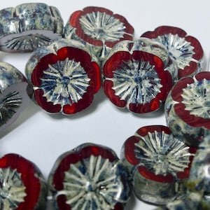 Czech 15mm Dark Red Opal with Picasso Flat Flower Glass Beads (10)