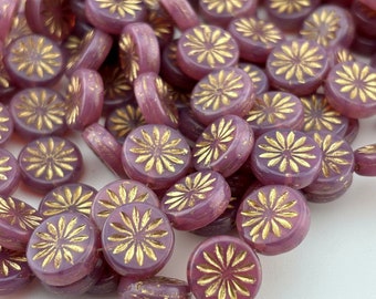 Czech 12mm Pink Opal with Gold Aster Flower Beads (15)