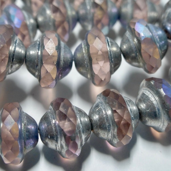 Czech 8x10mm Pale Pink AB with Silver Finish Faceted Fire Polished Glass Saturn Beads (15)