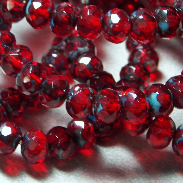 Czech 5x7mm Ruby Red with Picasso Glass Rondelle Beads (25)