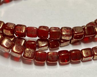 Czech Pressed Glass Cube Beads; Ruby Red with Gold Finish 4mm   (40)
