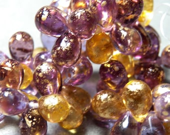 Czech 5x7mm Purple and Gold Mixed Glass Teardrop Beads (50)